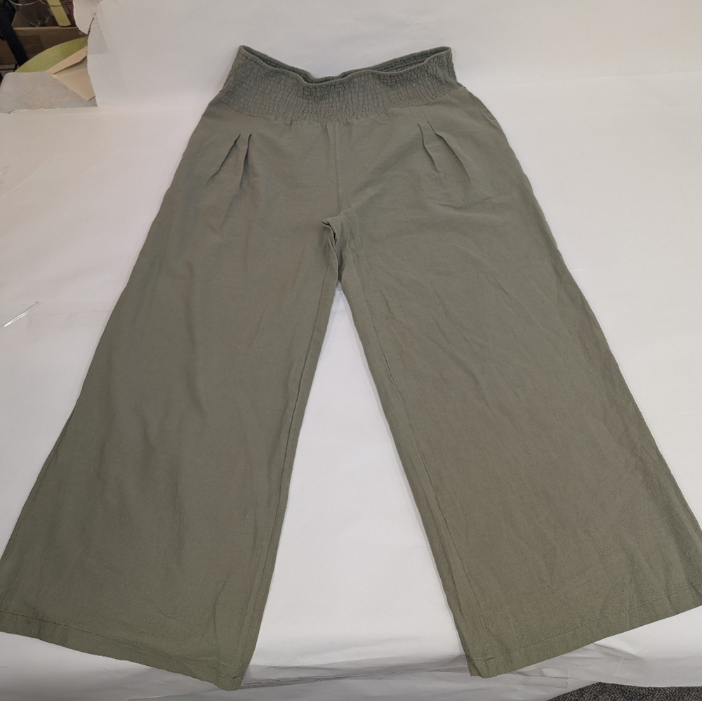 Green Wide Leg High Rise Linen Cotton Blend Pants 2XL [214]